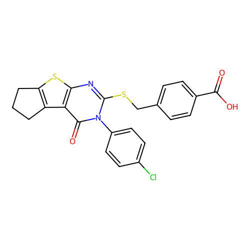 4-(((3-(4-chlorophenyl)-4-oxo-4,5,6,7-tetrahydro-3H-cyclopenta[4,5]thieno[2,3-d]pyrimidin-2-yl)thio)methyl)benzoic acid structure