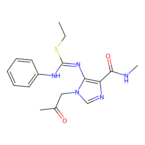 ethyl N'-[4-(methylcarbamoyl)-1-(2-oxopropyl)-1H-imidazol-5-yl]-N-phenylcarbamimidothioate structure