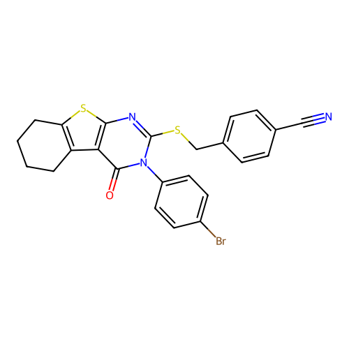4-(((3-(4-bromophenyl)-4-oxo-3,4,5,6,7,8-hexahydrobenzo[4,5]thieno[2,3-d]pyrimidin-2-yl)thio)methyl)benzonitrile structure