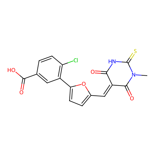 4-chloro-3-{5-[(E)-(1-methyl-4,6-dioxo-2-thioxotetrahydropyrimidin-5(2H)-ylidene)methyl]furan-2-yl}benzoic acid structure