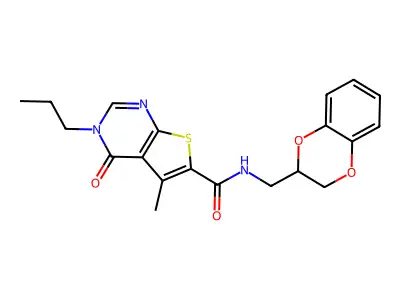 N-(2,3-dihydro-1,4-benzodioxin-3-ylmethyl)-5-methyl-4-oxo-3-propylthieno[2,3-d]pyrimidine-6-carboxamide structure