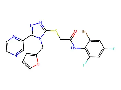 N-(2-bromo-4,6-difluorophenyl)-2-{[4-(furan-2-ylmethyl)-5-(pyrazin-2-yl)-4H-1,2,4-triazol-3-yl]sulfanyl}acetamide structure