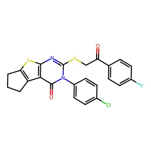 3-(4-chlorophenyl)-2-{[2-(4-fluorophenyl)-2-oxoethyl]sulfanyl}-3,5,6,7-tetrahydro-4H-cyclopenta[4,5]thieno[2,3-d]pyrimidin-4-one structure