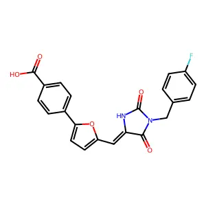4-(5-{(E)-[1-(4-fluorobenzyl)-2,5-dioxoimidazolidin-4-ylidene]methyl}furan-2-yl)benzoic acid structure