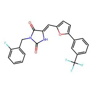 (5E)-3-(2-fluorobenzyl)-5-({5-[3-(trifluoromethyl)phenyl]furan-2-yl}methylidene)imidazolidine-2,4-dione structure
