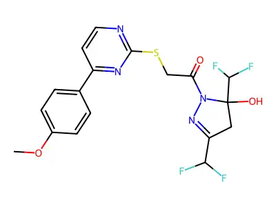 1-[3,5-bis(difluoromethyl)-5-hydroxy-4H-pyrazol-1-yl]-2-[4-(4-methoxyphenyl)pyrimidin-2-yl]sulfanylethanone structure