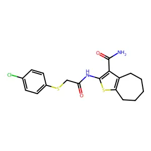 2-(2-((4-chlorophenyl)thio)acetamido)-5,6,7,8-tetrahydro-4H-cyclohepta[b]thiophene-3-carboxamide structure