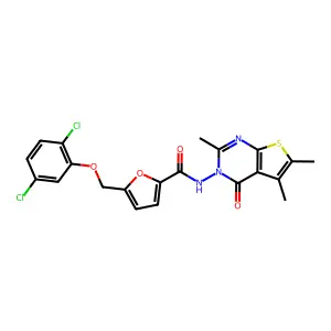 5-[(2,5-dichlorophenoxy)methyl]-N-(2,5,6-trimethyl-4-oxothieno[2,3-d]pyrimidin-3(4H)-yl)-2-furamide structure