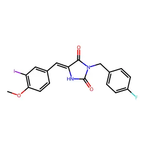 (5E)-3-(4-fluorobenzyl)-5-(3-iodo-4-methoxybenzylidene)imidazolidine-2,4-dione structure