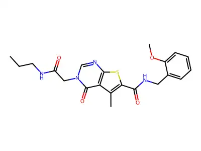 N-[(2-methoxyphenyl)methyl]-5-methyl-4-oxo-3-[2-oxo-2-(propylamino)ethyl]thieno[2,3-d]pyrimidine-6-carboxamide structure