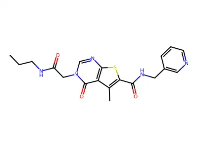5-methyl-4-oxo-3-[2-oxo-2-(propylamino)ethyl]-N-(pyridin-3-ylmethyl)thieno[2,3-d]pyrimidine-6-carboxamide structure