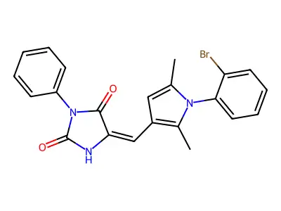 (5E)-5-[[1-(2-bromophenyl)-2,5-dimethylpyrrol-3-yl]methylidene]-3-phenylimidazolidine-2,4-dione structure