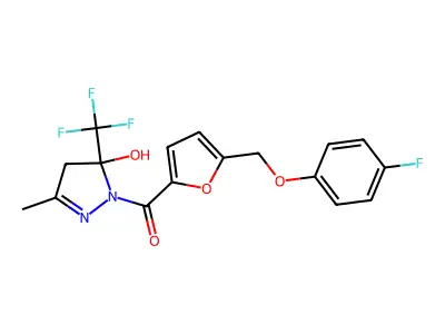 1-{5-[(4-fluorophenoxy)methyl]-2-furoyl}-3-methyl-5-(trifluoromethyl)-4,5-dihydro-1H-pyrazol-5-ol structure
