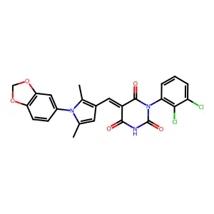 (5E)-5-[[1-(1,3-benzodioxol-5-yl)-2,5-dimethylpyrrol-3-yl]methylidene]-1-(2,3-dichlorophenyl)-1,3-diazinane-2,4,6-trione structure