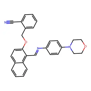 2-[({1-[(E)-{[4-(morpholin-4-yl)phenyl]imino}methyl]naphthalen-2-yl}oxy)methyl]benzonitrile structure