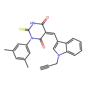 (5E)-1-(3,5-dimethylphenyl)-5-[(1-prop-2-ynylindol-3-yl)methylidene]-2-sulfanylidene-1,3-diazinane-4,6-dione structure