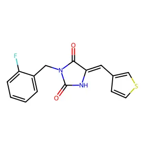 (5E)-3-(2-fluorobenzyl)-5-(thiophen-3-ylmethylidene)imidazolidine-2,4-dione structure