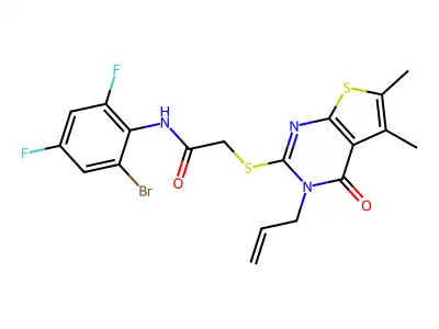 2-((3-allyl-5,6-dimethyl-4-oxo-3,4-dihydrothieno[2,3-d]pyrimidin-2-yl)thio)-N-(2-bromo-4,6-difluorophenyl)acetamide structure