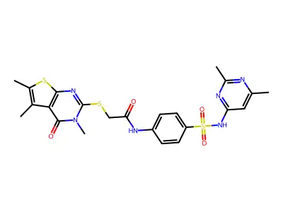 N-{4-[(2,6-dimethylpyrimidin-4-yl)sulfamoyl]phenyl}-2-[(3,5,6-trimethyl-4-oxo-3,4-dihydrothieno[2,3-d]pyrimidin-2-yl)sulfanyl]acetamide structure