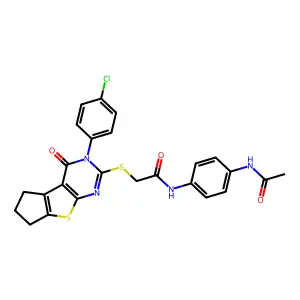 N-[4-(acetylamino)phenyl]-2-{[3-(4-chlorophenyl)-4-oxo-3,5,6,7-tetrahydro-4H-cyclopenta[4,5]thieno[2,3-d]pyrimidin-2-yl]sulfanyl}acetamide structure