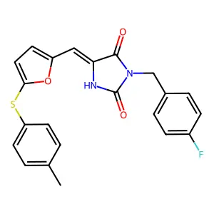 (5E)-3-(4-fluorobenzyl)-5-({5-[(4-methylphenyl)sulfanyl]furan-2-yl}methylidene)imidazolidine-2,4-dione structure