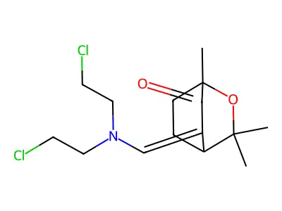 (5Z)-5-[bis(2-chloroethyl)aminomethylidene]-1,3,3-trimethyl-2-oxabicyclo[2.2.2]octan-6-one structure