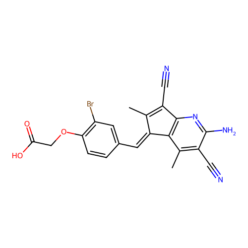 (E)-2-(4-((2-amino-3,7-dicyano-4,6-dimethyl-5H-cyclopenta[b]pyridin-5-ylidene)methyl)-2-bromophenoxy)acetic acid structure