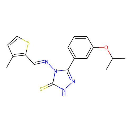 (E)-5-(3-isopropoxyphenyl)-4-(((3-methylthiophen-2-yl)methylene)amino)-4H-1,2,4-triazole-3-thiol structure