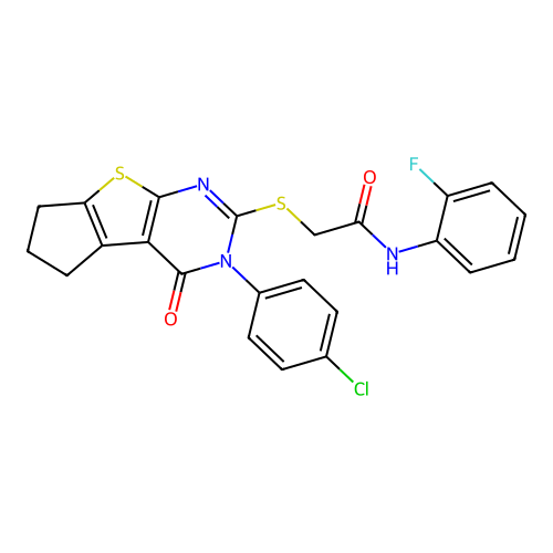 2-((3-(4-chlorophenyl)-4-oxo-4,5,6,7-tetrahydro-3H-cyclopenta[4,5]thieno[2,3-d]pyrimidin-2-yl)thio)-N-(2-fluorophenyl)acetamide structure