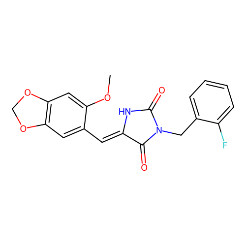 (Z)-3-(2-fluorobenzyl)-5-((6-methoxybenzo[d][1,3]dioxol-5-yl)methylene)imidazolidine-2,4-dione structure