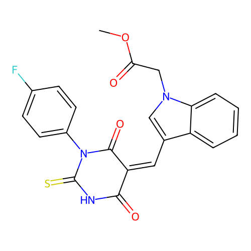 (Z)-methyl 2-(3-((1-(4-fluorophenyl)-4,6-dioxo-2-thioxotetrahydropyrimidin-5(2H)-ylidene)methyl)-1H-indol-1-yl)acetate structure