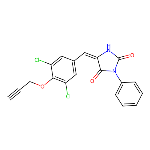 (5E)-5-[(3,5-dichloro-4-prop-2-ynoxyphenyl)methylidene]-3-phenylimidazolidine-2,4-dione structure