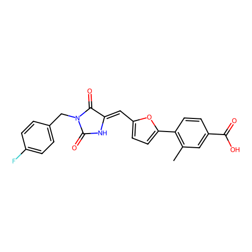 (Z)-4-(5-((1-(4-fluorobenzyl)-2,5-dioxoimidazolidin-4-ylidene)methyl)furan-2-yl)-3-methylbenzoic acid structure