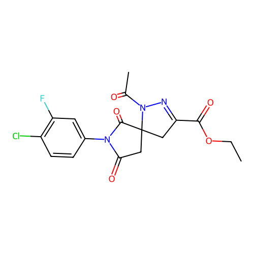 ethyl 1-acetyl-7-(4-chloro-3-fluorophenyl)-6,8-dioxo-1,2,7-triazaspiro[4.4]non-2-ene-3-carboxylate structure