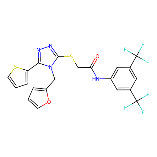 N-(3,5-bis(trifluoromethyl)phenyl)-2-((4-(furan-2-ylmethyl)-5-(thiophen-2-yl)-4H-1,2,4-triazol-3-yl)thio)acetamide structure