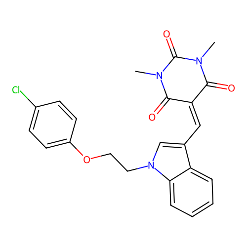 5-((1-(2-(4-chlorophenoxy)ethyl)-1H-indol-3-yl)methylene)-1,3-dimethylpyrimidine-2,4,6(1H,3H,5H)-trione structure