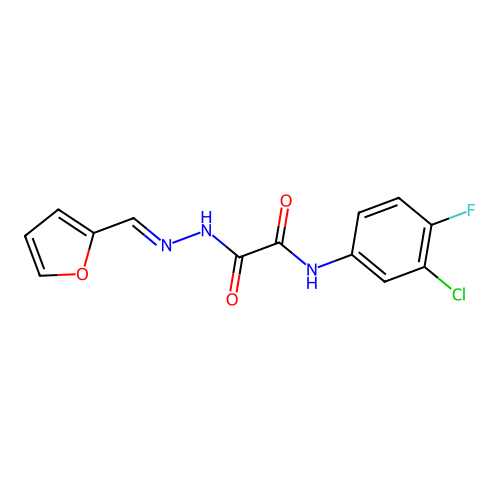 N-(3-chloro-4-fluorophenyl)-N'-[(E)-furan-2-ylmethylideneamino]oxamide structure