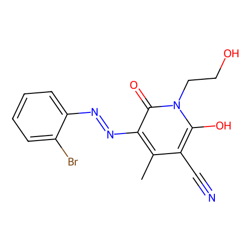 (5E)-5-[(2-bromophenyl)hydrazinylidene]-1-(2-hydroxyethyl)-4-methyl-2,6-dioxopyridine-3-carbonitrile structure