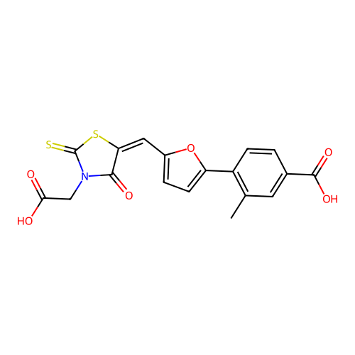 (E)-4-(5-((3-(carboxymethyl)-4-oxo-2-thioxothiazolidin-5-ylidene)methyl)furan-2-yl)-3-methylbenzoic acid structure