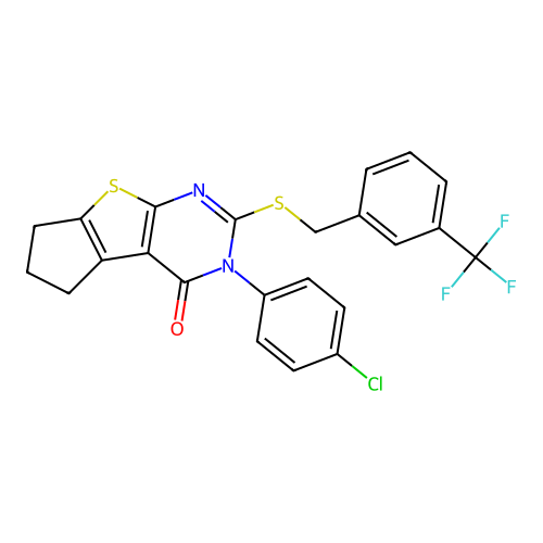 3-(4-chlorophenyl)-2-((3-(trifluoromethyl)benzyl)thio)-6,7-dihydro-3H-cyclopenta[4,5]thieno[2,3-d]pyrimidin-4(5H)-one structure