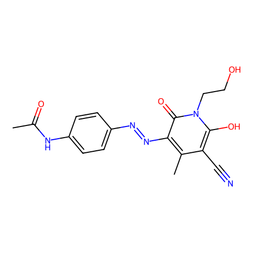 N-(4-{(2E)-2-[5-cyano-1-(2-hydroxyethyl)-4-methyl-2,6-dioxo-1,6-dihydropyridin-3(2H)-ylidene]hydrazinyl}phenyl)acetamide structure