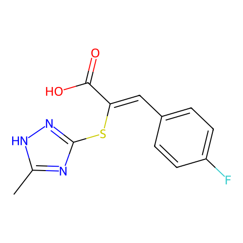 (2Z)-3-(4-fluorophenyl)-2-[(3-methyl-1H-1,2,4-triazol-4-ium-5-yl)sulfanyl]prop-2-enoate structure