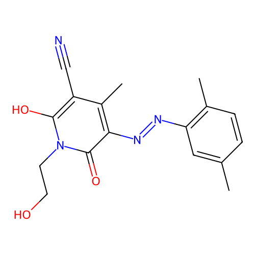 (5E)-5-[(2,5-dimethylphenyl)hydrazinylidene]-1-(2-hydroxyethyl)-4-methyl-2,6-dioxopyridine-3-carbonitrile structure