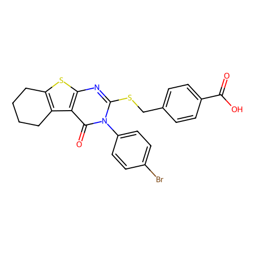 4-(((3-(4-bromophenyl)-4-oxo-3,4,5,6,7,8-hexahydrobenzo[4,5]thieno[2,3-d]pyrimidin-2-yl)thio)methyl)benzoic acid structure