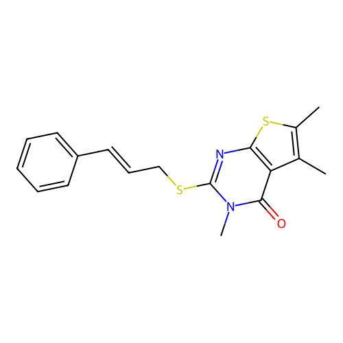 3,5,6-trimethyl-2-{[(2E)-3-phenylprop-2-en-1-yl]sulfanyl}thieno[2,3-d]pyrimidin-4(3H)-one structure