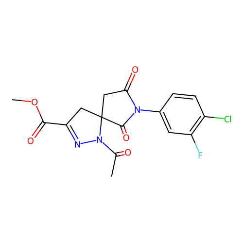 methyl 1-acetyl-7-(4-chloro-3-fluorophenyl)-6,8-dioxo-1,2,7-triazaspiro[4.4]non-2-ene-3-carboxylate structure