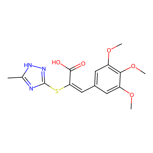 (E)-2-((5-methyl-4H-1,2,4-triazol-3-yl)thio)-3-(3,4,5-trimethoxyphenyl)acrylic acid structure
