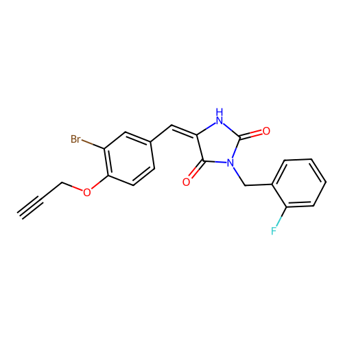 (5E)-5-[3-bromo-4-(prop-2-yn-1-yloxy)benzylidene]-3-(2-fluorobenzyl)imidazolidine-2,4-dione structure