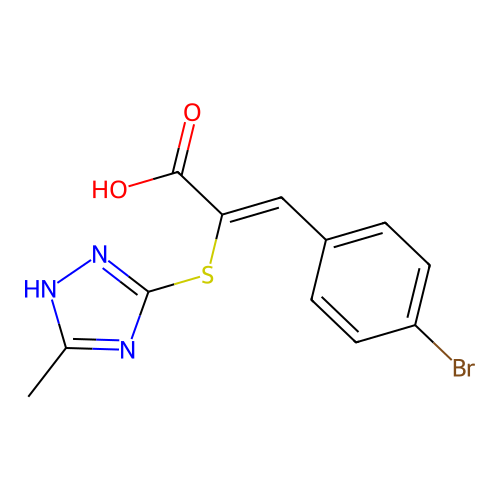 (2Z)-3-(4-bromophenyl)-2-[(3-methyl-1H-1,2,4-triazol-4-ium-5-yl)sulfanyl]prop-2-enoate structure