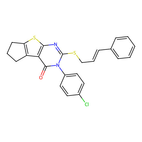 3-(4-chlorophenyl)-2-(cinnamylthio)-6,7-dihydro-3H-cyclopenta[4,5]thieno[2,3-d]pyrimidin-4(5H)-one structure